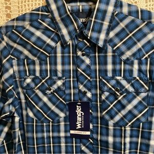 NWT Wrangler boys blue paid Western Shirt Pearl Snaps Large